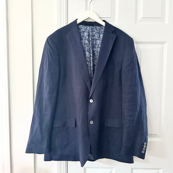 Lauren Ralph Lauren Navy Blue Linen Paisley Print Lining Two Button Blazer 46L - Picture 6 of 11